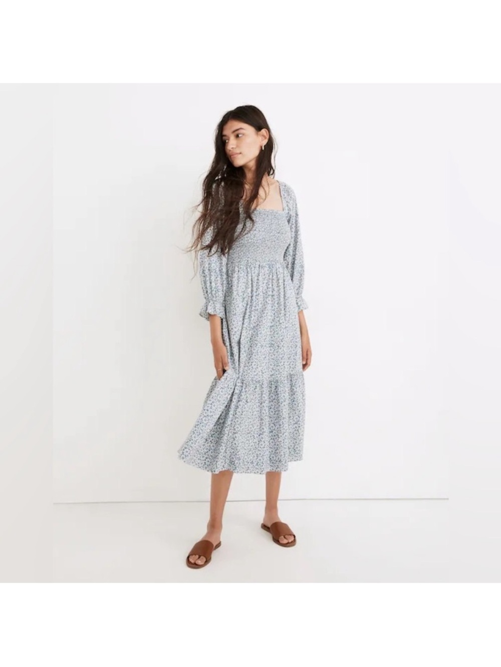 Madewell Pale Blue Floral Smocked Midi Dress